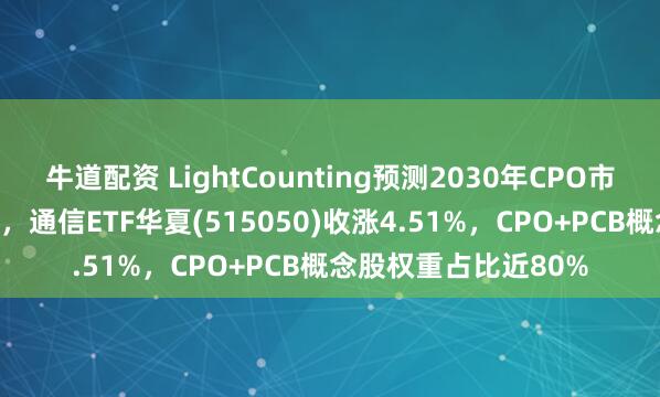 牛道配资 LightCounting预测2030年CPO市场规模达100亿美元，通信ETF华夏(515050)收涨4.51%，CPO+PCB概念股权重占比近80%